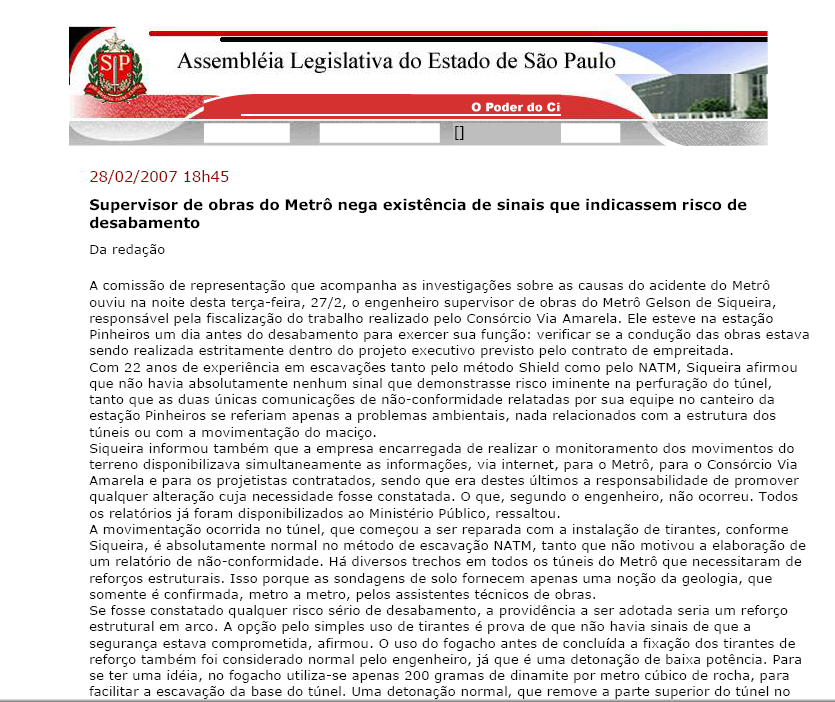 Supervisor de Obras do Metrô Nega Existência de Sinais que Indicassem Risco de Desabamento - Fevereiro/2007