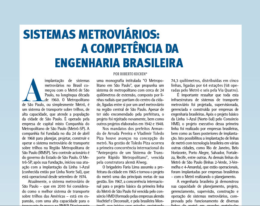 Sistemas Metroviários: A Competência Da Engenharia Brasileira - Dezembro/2011